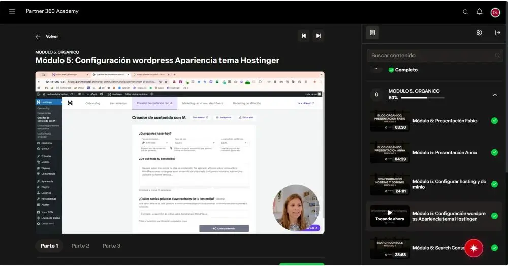 Lección del Módulo 5 de Blog en el campus de Partner 360: configuración de WordPress con el tema de Hostinger
