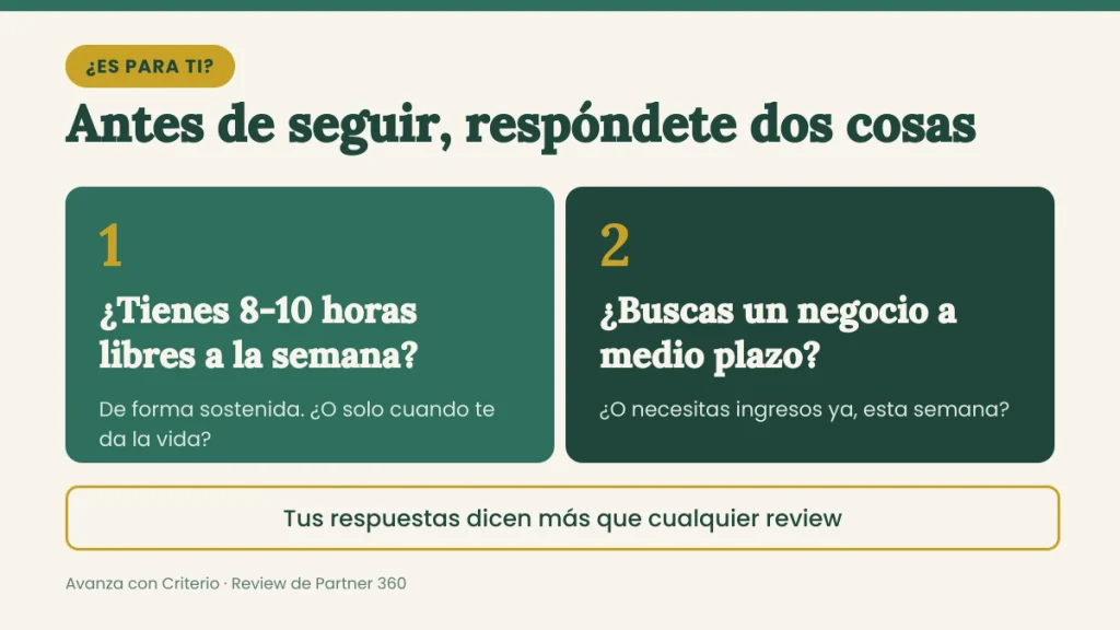 Dos preguntas para saber si Partner 360 es para ti: tiempo semanal y plazo.