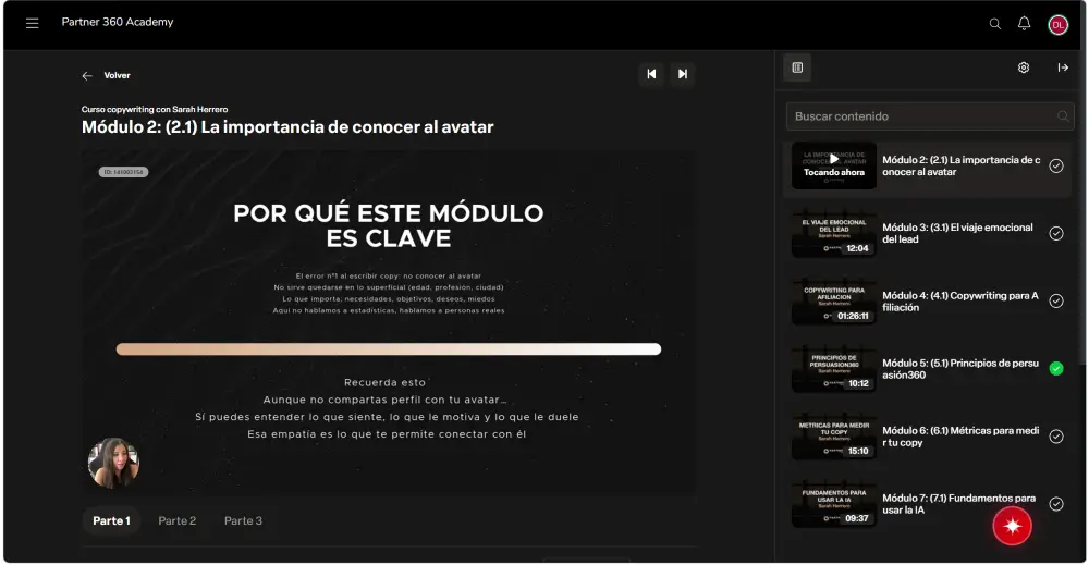 Lección sobre conocer al avatar del curso de copywriting con Sarah Herrero dentro del campus de Partner 360