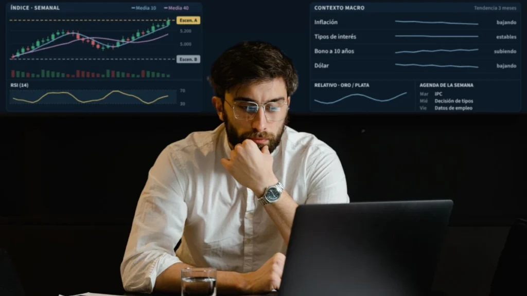 Persona analizando en una pantalla un gráfico semanal con escenarios, medias móviles, RSI y contexto macroeconómico, para la review de SEMINARIOS de Pablo Gil