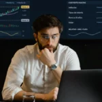 Persona analizando en una pantalla un gráfico semanal con escenarios, medias móviles, RSI y contexto macroeconómico, para la review de SEMINARIOS de Pablo Gil